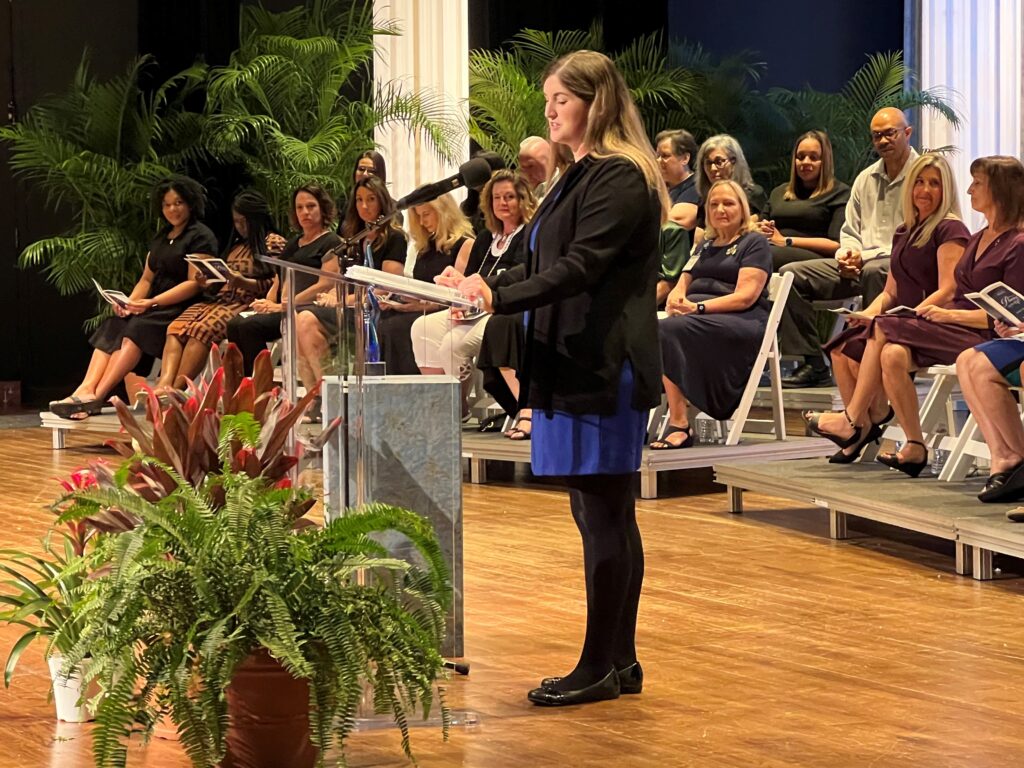 Guest speaker Nikita Kiger delivers remarks at the SCF Nursing Pinning on Friday.