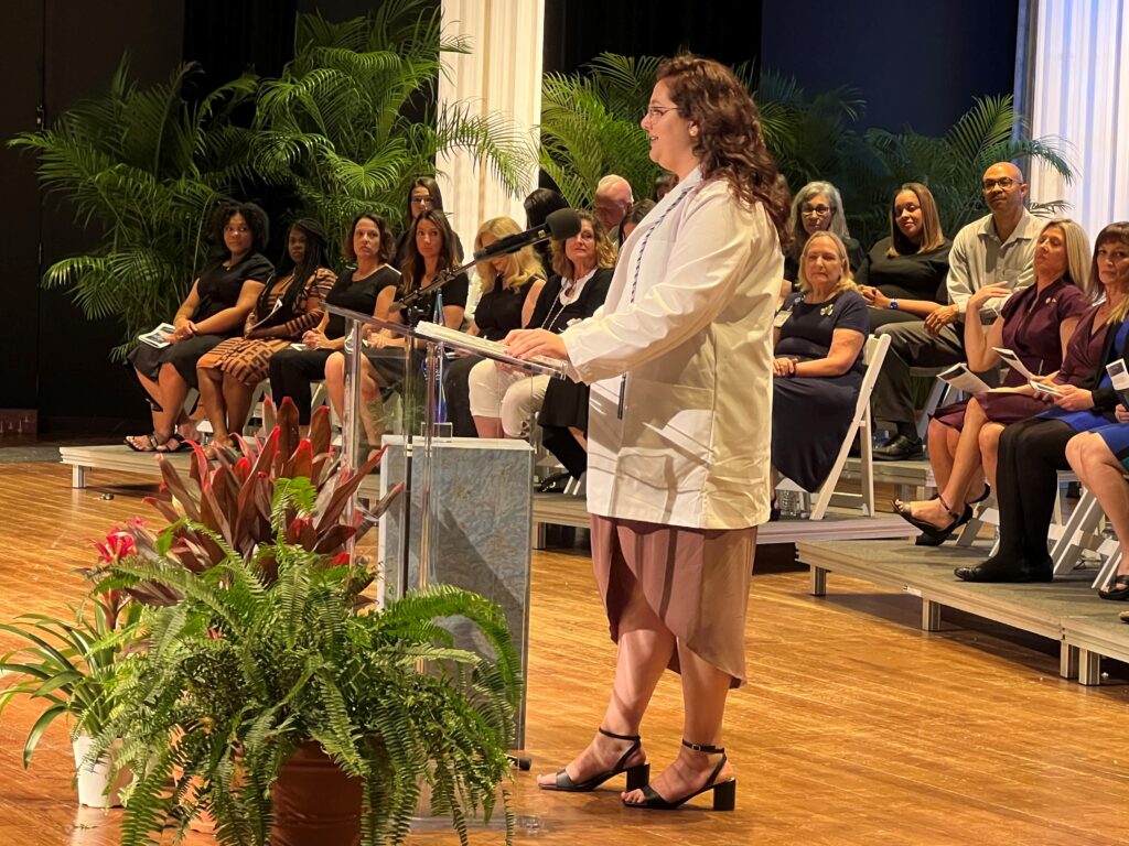 Graduate Emily Mioduszewski speaks at Friday’s Nursing Pinning at State College of Florida, Manatee-Sarasota.