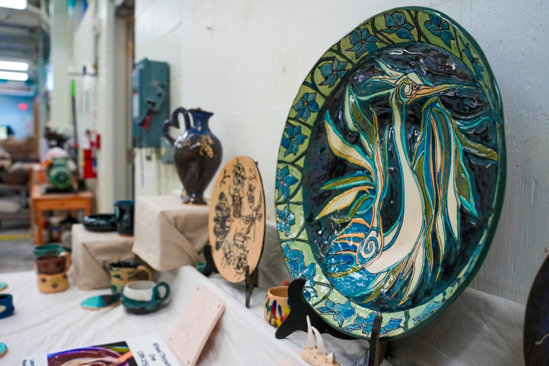 Ceramic plates on display at the Art Building Open House 2024.