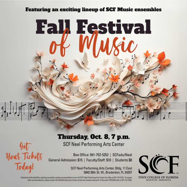 Event Title: SCF Music Fall Festival of Music Location: Neel Performing Arts Center Event Date & Time: Thursday, October 8 @ 7pm Event Description: The Fall Festival of Music opens SCF’s concert season with an energetic evening of music from across the music program. Featuring a full roster of SCF Music ensembles, the concert showcases the range, creativity and spirit of our student musicians. From bold new beginnings to moments of artistry and collaboration, this annual celebration sets the tone for an exciting year of music-making ahead. Buy Tickets Link: https://our.show/scfmusic100826