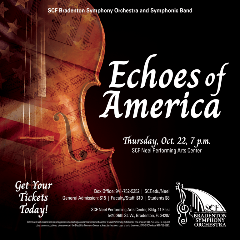 Event Title: SCF Music Echoes of America Location: Neel Performing Arts Center Event Date & Time: Thursday, October 22 @ 7pm Event Description: In celebration of America’s 250th year, Echoes of America is a musical journey of music that was composed right here in America. This is where folk traditions, jazz rhythms and harmonies, along with modern sounds collide. From quiet ballads to soaring anthems, this concert celebrates the stories and spirit that continue to shape America. Buy Tickets Link: https://our.show/scfmusic102226