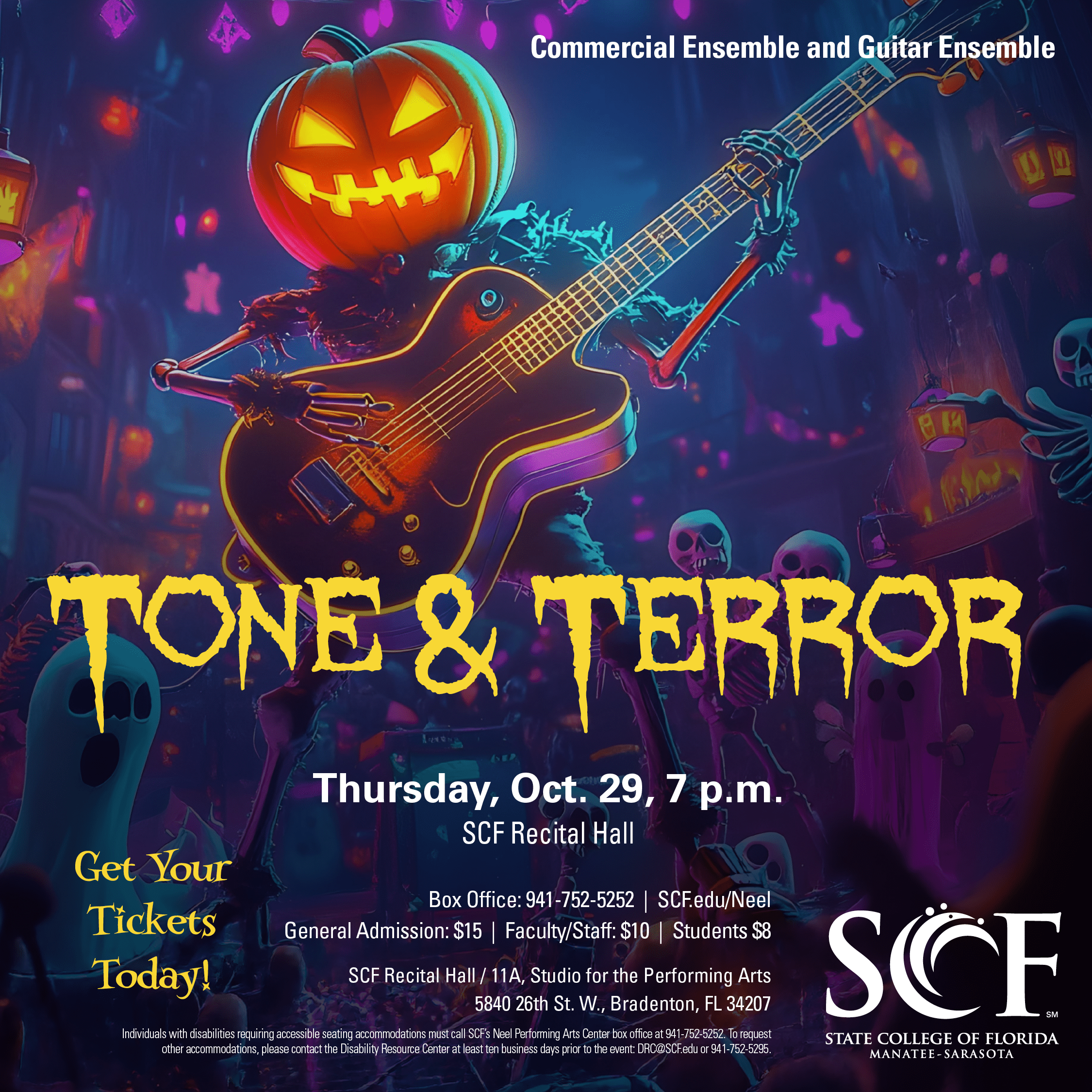 Event Title: SCF Music Tone & Terror Location: SCF Recital Hall Event Date & Time: Thursday, October 29 @ 7pm Event Description: Enter a world where eerie melodies, dark grooves and unexpected musical twists come alive. Featuring performances by SCF student ensembles and musicians, Tone & Terror celebrates the spirit of the season with haunting favorites, contemporary sounds and creative surprises. Whether spooky, mysterious, or just plain fun, this Halloween concert promises an unforgettable night of music and imagination. Buy Tickets Link: https://our.show/scfmusic102926