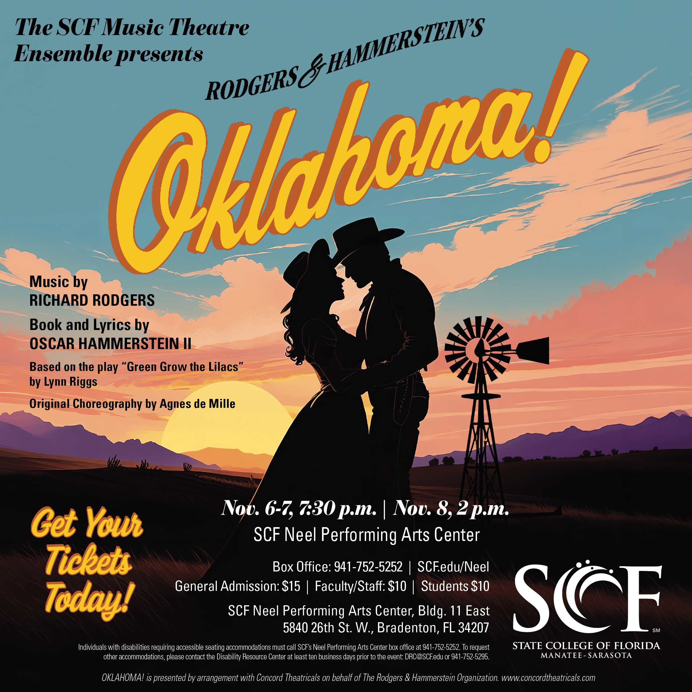 The SCF Music Theatre Ensemble Presents: Rodgers & Hammerstein’s Oklahoma! Location: Neel Performing Arts Center Event Date & Time: Friday, November 6 @ 7:30pm Saturday, November 7 @ 7:30pm Sunday, November 8 @ 2pm Event Description: Music by RICHARD RODGERS / Book and Lyrics by OSCAR HAMMERSTEIN II. Based on the play “Green Grow the Lilacs” by Lynn Riggs Original Choreography by Agnes de Mille General Admission: $15 | Faculty/Staff: $10 | Students: $10 The production will include the use of prop guns and simulated gunshots. Buy Tickets Link: https://our.show/fallmusical112026