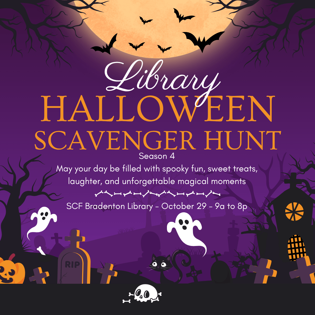 Library Halloween Scavenger Hunt Join the Halloween fun with a spooky library scavenger hunt! Follow clues, find hidden surprises, and explore the library as you search for Halloween-themed items. Finish the hunt for a chance to win a small spooky prize! More info: https://scf.libcal.com/event/17201832 Date: Thursday, October 29, 2026 Time: 9:00 am - 8:00pm Location: Bradenton