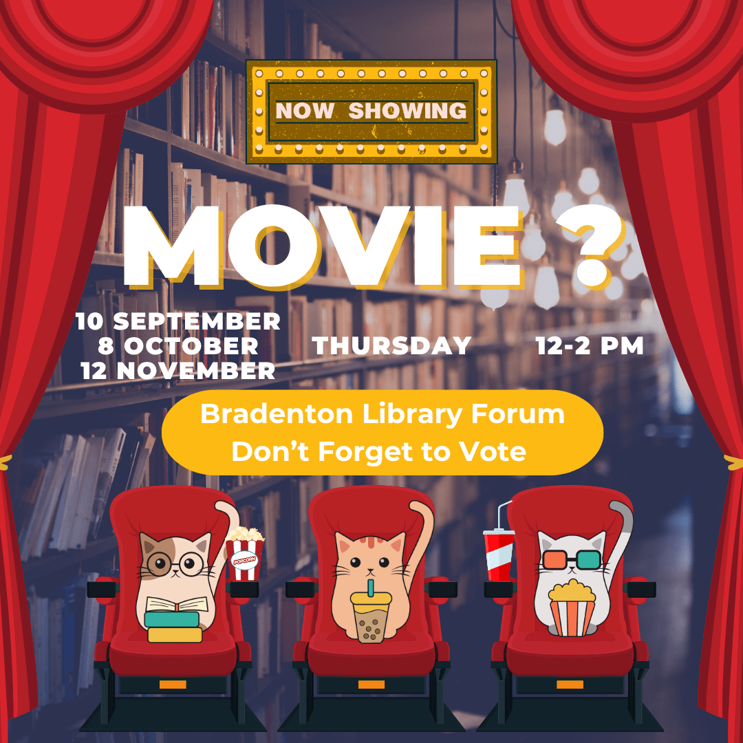 Library Movie Date One Thursday each month, the library will hold a movie date event. Students can choose what movie to watch by voting on the whiteboard on the library's first floor. Snacks will be provided. Contact the library if you have any questions, and make sure to stop by and vote for the next film. All Films shown are available to check out on the first floor or from the library's Feature Film Database, which can be found on the A-Z database list on the library website. September 10 October 8 November 12