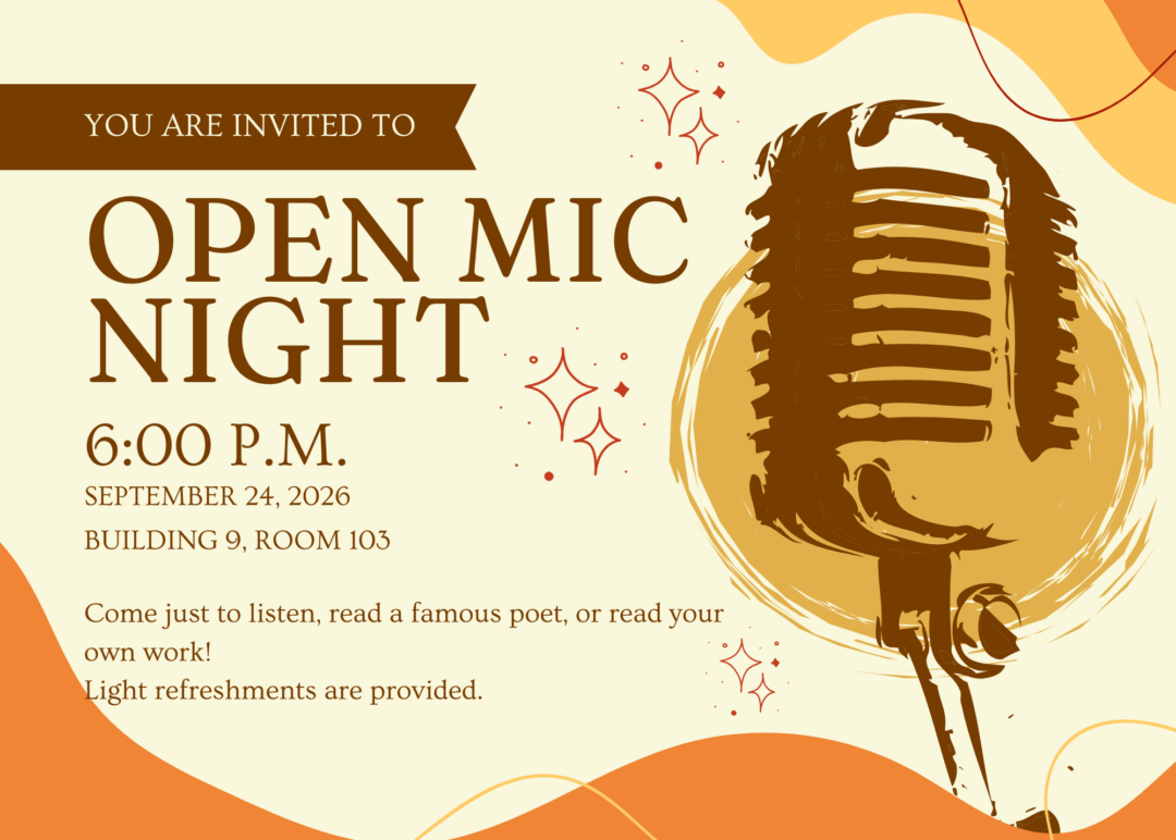 Open Mic Night at SCF Bradenton Presented by the SCF Literary Guild Event Date: 09/24/2026 Time: 6 to 8 p.m. Location: Language & Literature and Social Science (Bldg. 9) Join the SCF Literary Guild for an open mic night! Faculty, staff, students and local community members are welcome to sit back and enjoy the show or share their own poetry, a published poet's work, or their own music, such as a solo singer or an acoustic guitarist. Whether you are looking to test out brand-new material in front of a supportive crowd or just want to grab light refreshments and discover Bradenton's next big talent, this is the place to be!