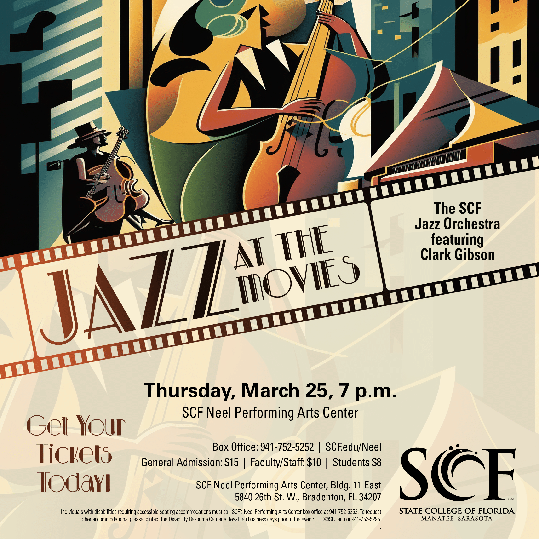 The SCF Jazz Orchestra featuring Clark Gibson Thursday, March 25 at 7 p.m. General Admission: $15 | Faculty/Staff: $10 | Students: $8 From Casablanca to Whiplash or West Side Story, jazz has always made the silver screen sparkle. Join the SCF Jazz Orchestra with a special tribute to great moments where movies and jazz cross paths in this multimedia event. SCF welcomes Seattle saxophonist, Clark Gibson, known for his soaring solos and clever melodies. Tickets: https://our.show/scfmusic032527 SCF Neel Performing Arts Center State College of Florida, Bradenton 5840 26th Street West Bradenton, FL 34207 Box Office: 941-752-5252