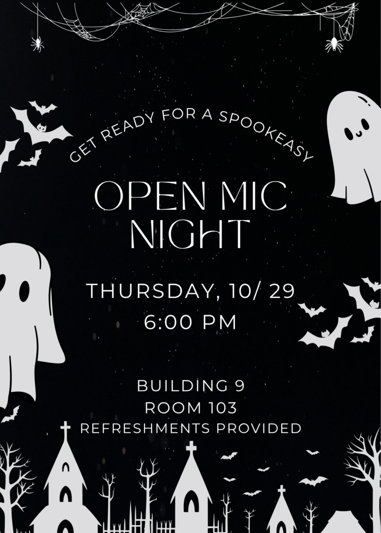 LitGuild Presents: SpookEasy Open Mic Night Step into the shadows and join LitGuild for an evening of poetry, storytelling, music, and community at our SpookEasy Open Mic Night. Inspired by the gothic atmosphere of the season, this free event welcomes students, faculty, staff, and community members to gather for an evening of creative expression. Guests are invited to share original poetry, read favorite works from published poets, perform acoustic music, or simply sit back and enjoy the performances. Whether your tastes lean toward the haunting, the mysterious, the macabre, or the magical, there is a place for you at the mic! Light refreshments will be provided. Costumes and festive attire are welcome but not required. Come celebrate the power of words, music, and imagination in good company. Admission is free and open to all. Date: 10/29/2026 Time: 6-7:30 p.m.  Location: Bldg. 9 at SCF Bradenton